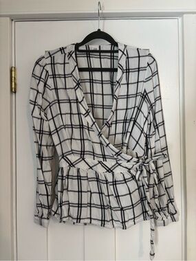 Classic Black & White Plaid Wrap Top - Women